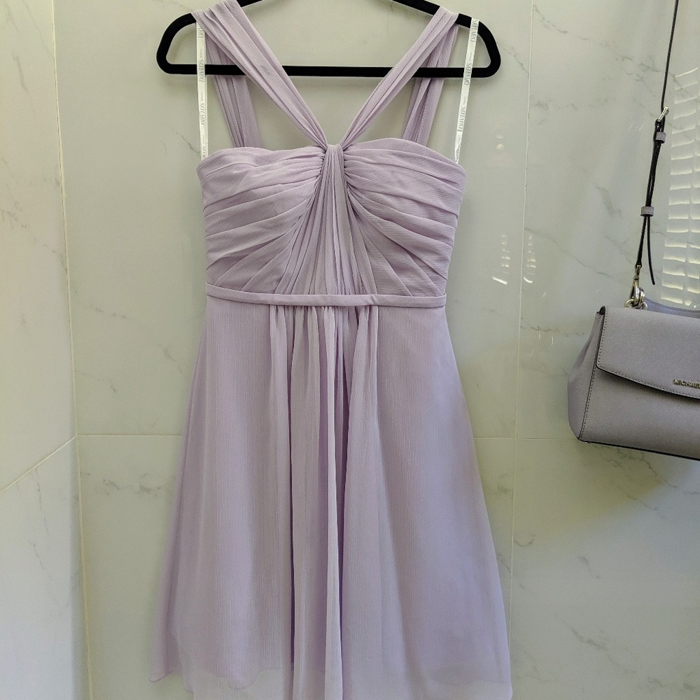 David's bridal Y neck crinkle chiffon short dress
